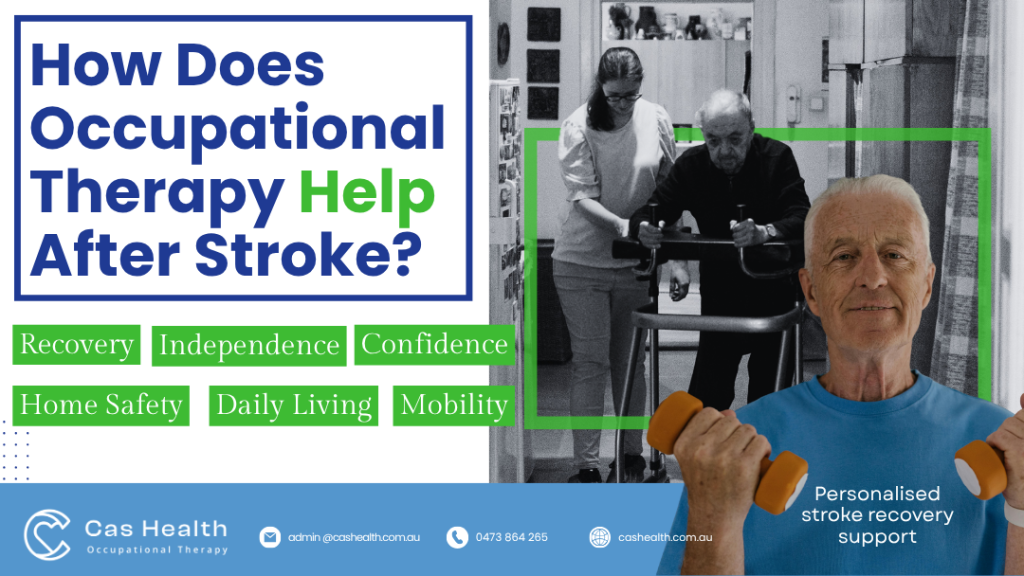 Occupational therapist assisting stroke rehabilitation at home while a stroke survivor exercises with hand weights, highlighting recovery, independence, mobility, home safety, and daily living support.
