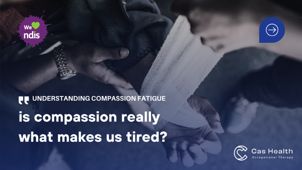 Healthcare workers supporting an injured patient while discussing compassion fatigue and emotional exhaustion in caring professions
